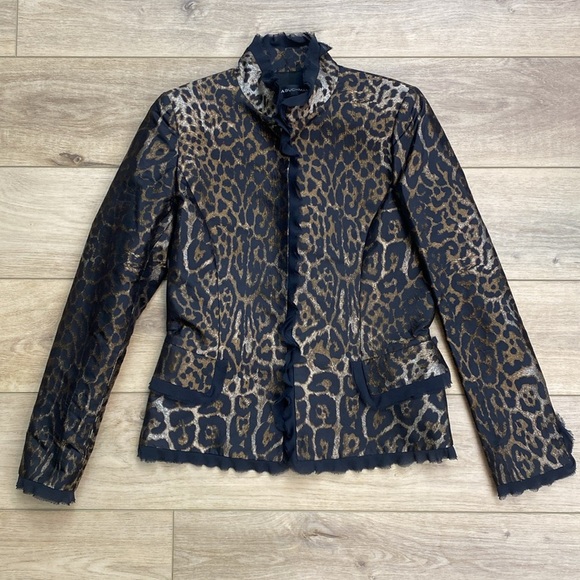Dana Buchman Leopard Silk Taffeta Evening Jacket Formal Event Chiffon Trim 6 - Picture 2 of 15